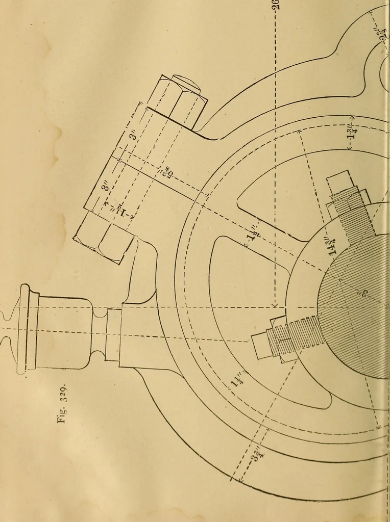 An illustration from Mechanical drawing self-taught: comprising instructions in the selection and preparation of drawing instruments, elementary instruction in practical mechanical drawing together with examples in simple geometry and elementary mechanism, including screw threads, gear wheels, mechanical motions, engines and boilers, 1883, leaf 381