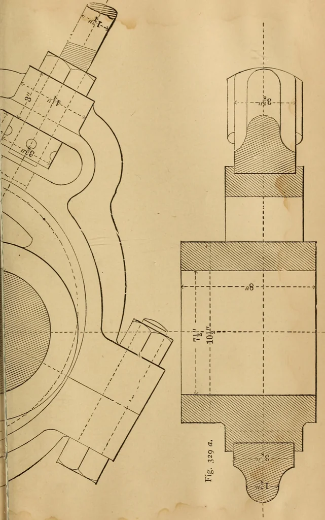 An illustration from Mechanical drawing self-taught: comprising instructions in the selection and preparation of drawing instruments, elementary instruction in practical mechanical drawing together with examples in simple geometry and elementary mechanism, including screw threads, gear wheels, mechanical motions, engines and boilers, 1883, leaf 382