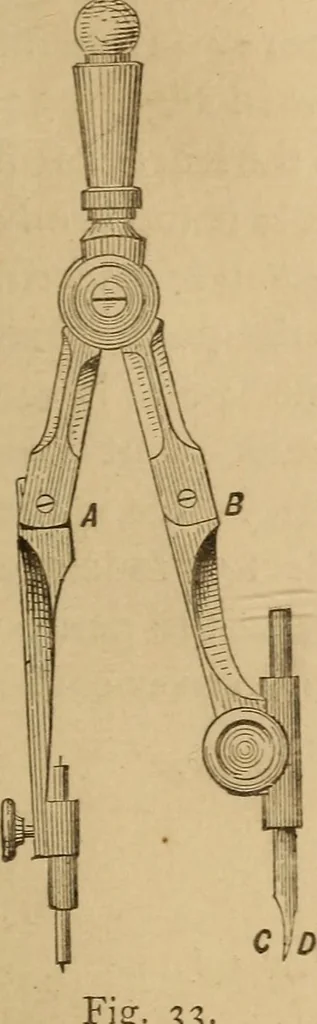 An illustration from Mechanical drawing self-taught: comprising instructions in the selection and preparation of drawing instruments, elementary instruction in practical mechanical drawing together with examples in simple geometry and elementary mechanism, including screw threads, gear wheels, mechanical motions, engines and boilers, 1883, leaf 44
