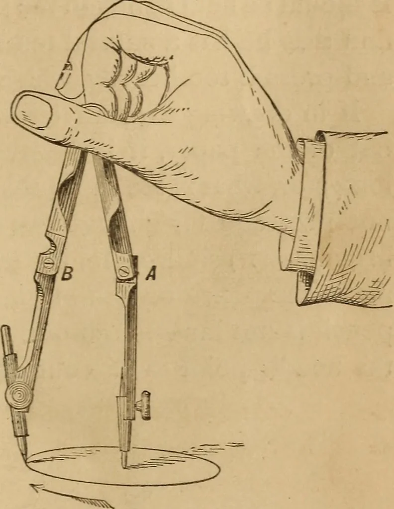 An illustration from Mechanical drawing self-taught: comprising instructions in the selection and preparation of drawing instruments, elementary instruction in practical mechanical drawing together with examples in simple geometry and elementary mechanism, including screw threads, gear wheels, mechanical motions, engines and boilers, 1883, leaf 44