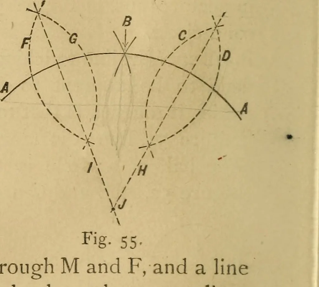 An illustration from Mechanical drawing self-taught: comprising instructions in the selection and preparation of drawing instruments, elementary instruction in practical mechanical drawing together with examples in simple geometry and elementary mechanism, including screw threads, gear wheels, mechanical motions, engines and boilers, 1883, leaf 53