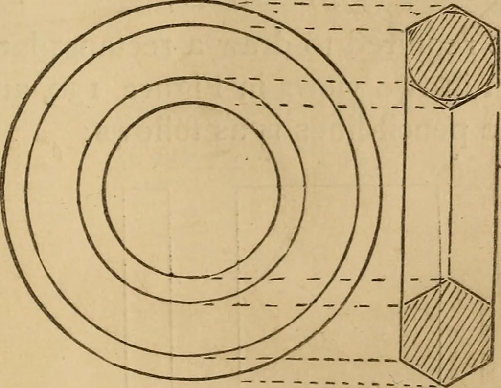 An illustration from Mechanical drawing self-taught: comprising instructions in the selection and preparation of drawing instruments, elementary instruction in practical mechanical drawing together with examples in simple geometry and elementary mechanism, including screw threads, gear wheels, mechanical motions, engines and boilers, 1883, leaf 98