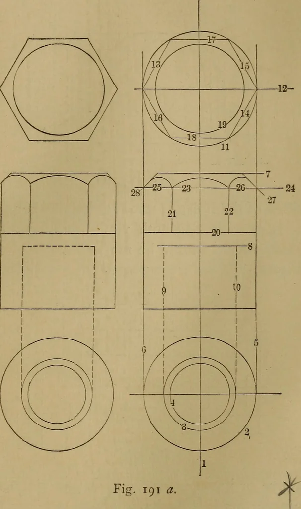An illustration from Mechanical drawing self-taught: comprising instructions in the selection and preparation of drawing instruments. Elementary instruction in practical mechanical drawing. Together with examples in simple geometry and elementary mechanism, including screw threads, gear wheels, mechanical motions, engines and boilers, 1889, leaf 146