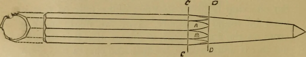 An illustration from Mechanical drawing self-taught: comprising instructions in the selection and preparation of drawing instruments. Elementary instruction in practical mechanical drawing. Together with examples in simple geometry and elementary mechanism, including screw threads, gear wheels, mechanical motions, engines and boilers, 1889, leaf 151