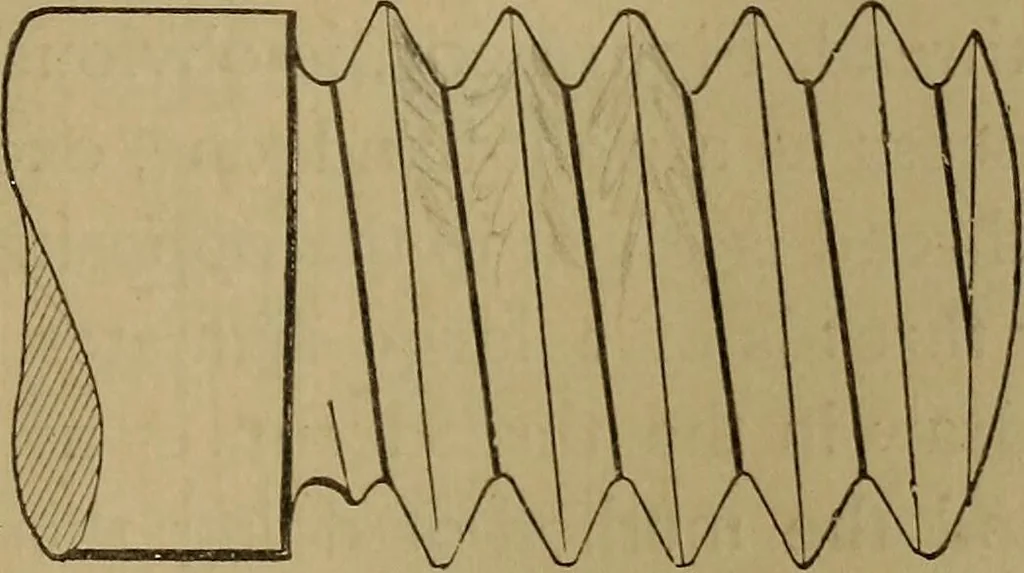 An illustration from Mechanical drawing self-taught: comprising instructions in the selection and preparation of drawing instruments. Elementary instruction in practical mechanical drawing. Together with examples in simple geometry and elementary mechanism, including screw threads, gear wheels, mechanical motions, engines and boilers, 1889, leaf 156