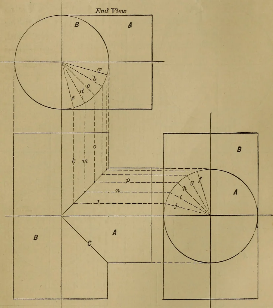 An illustration from Mechanical drawing self-taught: comprising instructions in the selection and preparation of drawing instruments. Elementary instruction in practical mechanical drawing. Together with examples in simple geometry and elementary mechanism, including screw threads, gear wheels, mechanical motions, engines and boilers, 1889, leaf 186