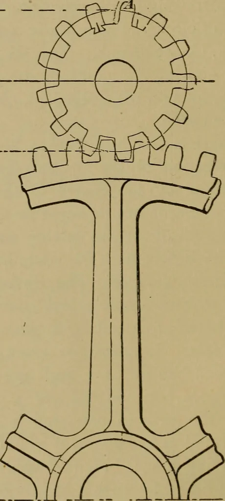 An illustration from Mechanical drawing self-taught: comprising instructions in the selection and preparation of drawing instruments. Elementary instruction in practical mechanical drawing. Together with examples in simple geometry and elementary mechanism, including screw threads, gear wheels, mechanical motions, engines and boilers, 1889, leaf 207