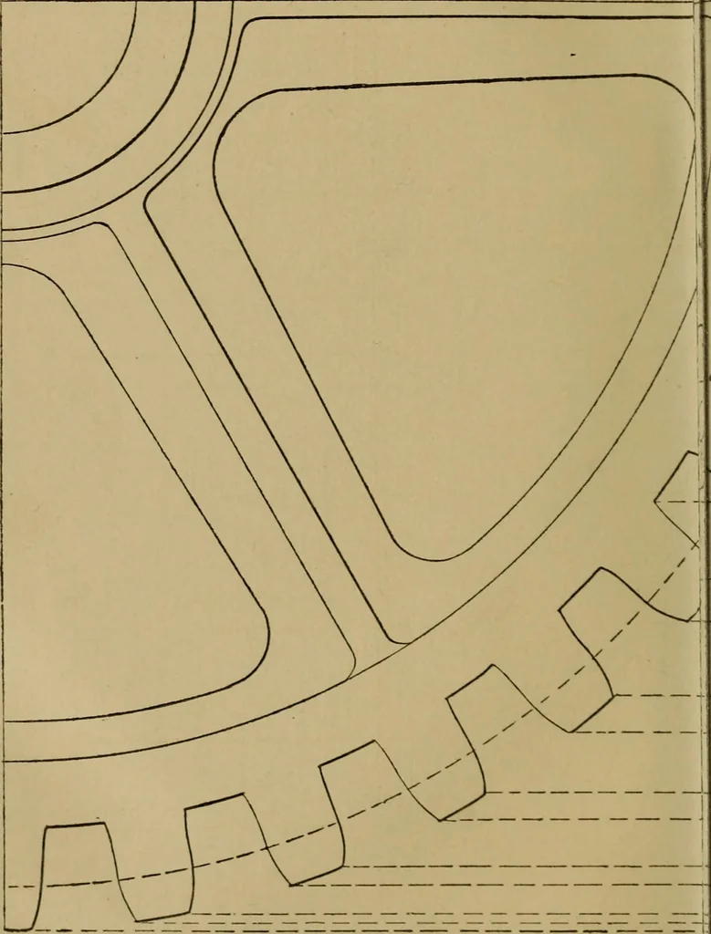 An illustration from Mechanical drawing self-taught: comprising instructions in the selection and preparation of drawing instruments. Elementary instruction in practical mechanical drawing. Together with examples in simple geometry and elementary mechanism, including screw threads, gear wheels, mechanical motions, engines and boilers, 1889, leaf 209