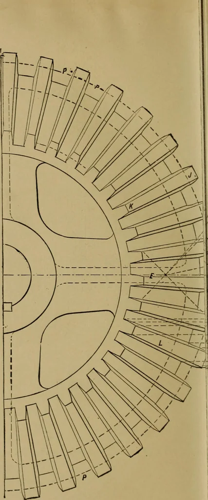 An illustration from Mechanical drawing self-taught: comprising instructions in the selection and preparation of drawing instruments. Elementary instruction in practical mechanical drawing. Together with examples in simple geometry and elementary mechanism, including screw threads, gear wheels, mechanical motions, engines and boilers, 1889, leaf 217