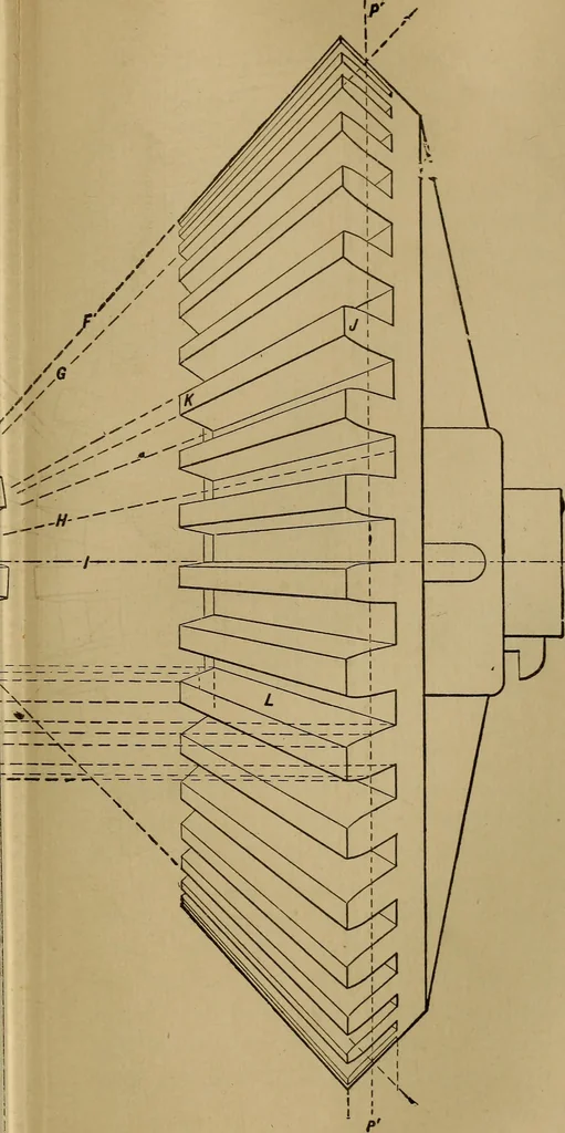 An illustration from Mechanical drawing self-taught: comprising instructions in the selection and preparation of drawing instruments. Elementary instruction in practical mechanical drawing. Together with examples in simple geometry and elementary mechanism, including screw threads, gear wheels, mechanical motions, engines and boilers, 1889, leaf 218