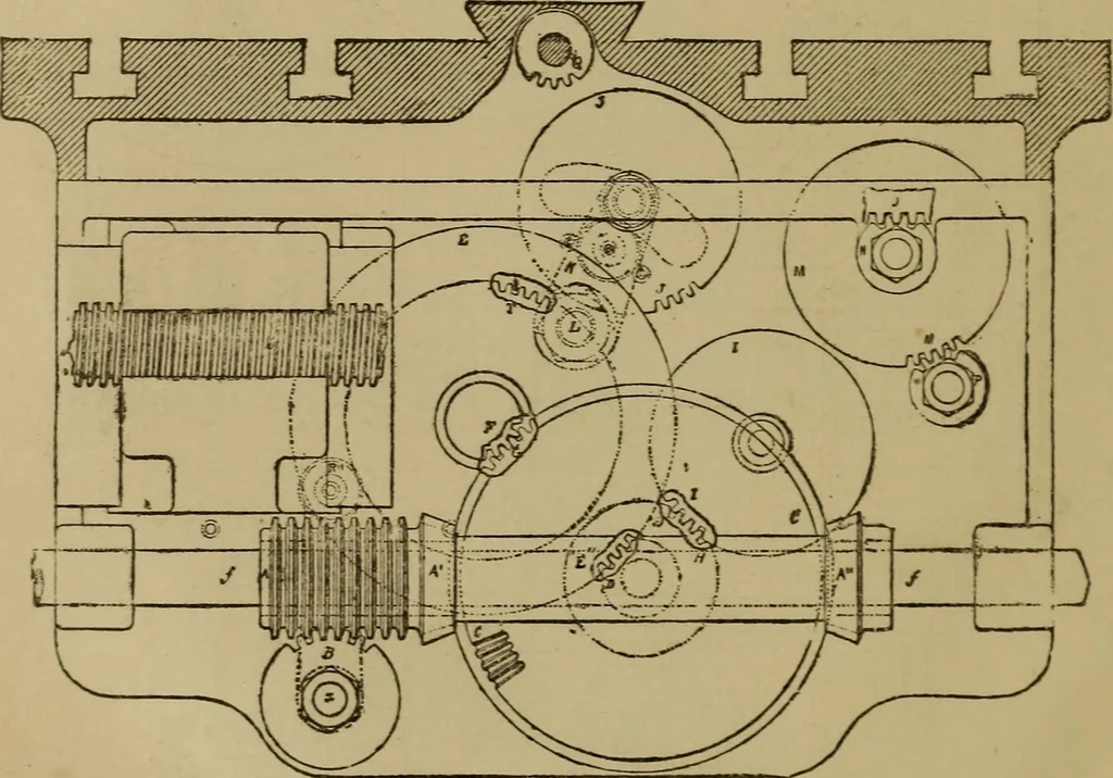 An illustration from Mechanical drawing self-taught: comprising instructions in the selection and preparation of drawing instruments. Elementary instruction in practical mechanical drawing. Together with examples in simple geometry and elementary mechanism, including screw threads, gear wheels, mechanical motions, engines and boilers, 1889, leaf 225
