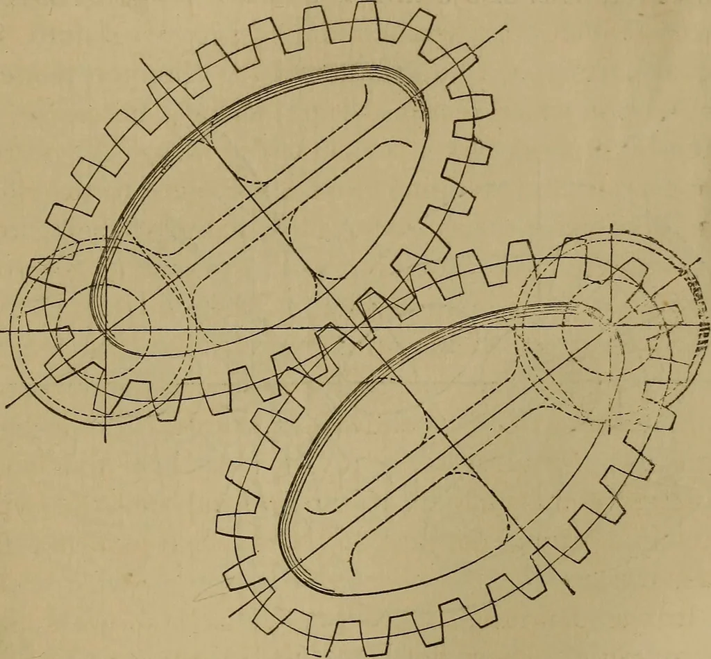 An illustration from Mechanical drawing self-taught: comprising instructions in the selection and preparation of drawing instruments. Elementary instruction in practical mechanical drawing. Together with examples in simple geometry and elementary mechanism, including screw threads, gear wheels, mechanical motions, engines and boilers, 1889, leaf 234