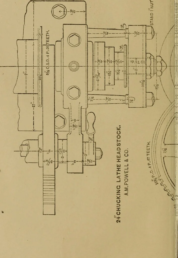 An illustration from Mechanical drawing self-taught: comprising instructions in the selection and preparation of drawing instruments. Elementary instruction in practical mechanical drawing. Together with examples in simple geometry and elementary mechanism, including screw threads, gear wheels, mechanical motions, engines and boilers, 1889, leaf 313