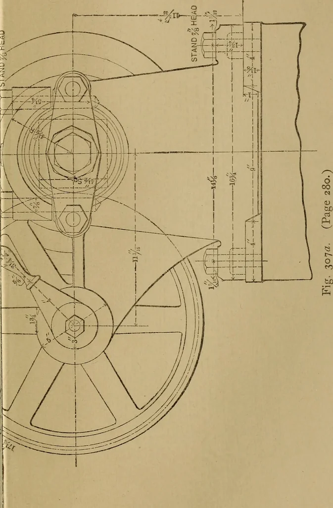 An illustration from Mechanical drawing self-taught: comprising instructions in the selection and preparation of drawing instruments. Elementary instruction in practical mechanical drawing. Together with examples in simple geometry and elementary mechanism, including screw threads, gear wheels, mechanical motions, engines and boilers, 1889, leaf 314