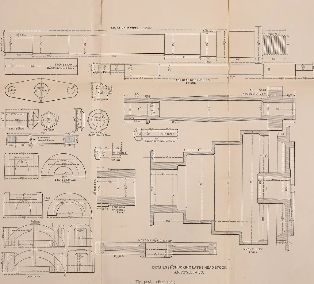 An illustration from Mechanical drawing self-taught: comprising instructions in the selection and preparation of drawing instruments. Elementary instruction in practical mechanical drawing. Together with examples in simple geometry and elementary mechanism, including screw threads, gear wheels, mechanical motions, engines and boilers, 1889, leaf 318