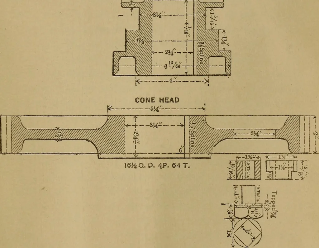 An illustration from Mechanical drawing self-taught: comprising instructions in the selection and preparation of drawing instruments. Elementary instruction in practical mechanical drawing. Together with examples in simple geometry and elementary mechanism, including screw threads, gear wheels, mechanical motions, engines and boilers, 1889, leaf 320