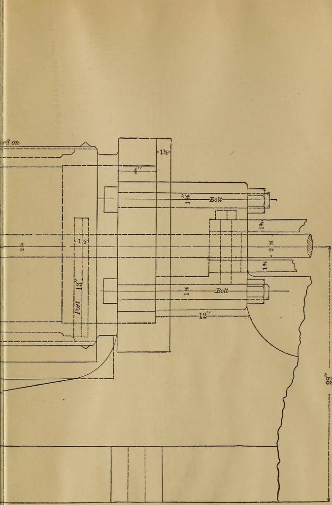 An illustration from Mechanical drawing self-taught: comprising instructions in the selection and preparation of drawing instruments. Elementary instruction in practical mechanical drawing. Together with examples in simple geometry and elementary mechanism, including screw threads, gear wheels, mechanical motions, engines and boilers, 1889, leaf 358