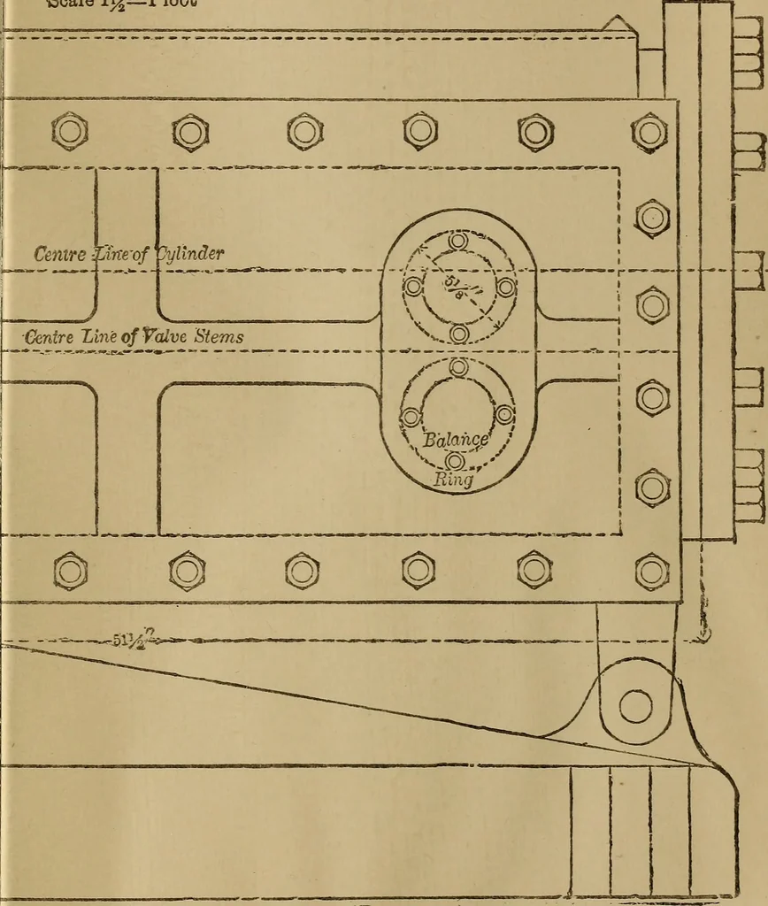 An illustration from Mechanical drawing self-taught: comprising instructions in the selection and preparation of drawing instruments. Elementary instruction in practical mechanical drawing. Together with examples in simple geometry and elementary mechanism, including screw threads, gear wheels, mechanical motions, engines and boilers, 1889, leaf 366