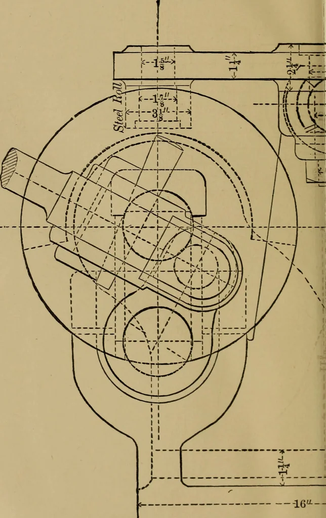An illustration from Mechanical drawing self-taught: comprising instructions in the selection and preparation of drawing instruments. Elementary instruction in practical mechanical drawing. Together with examples in simple geometry and elementary mechanism, including screw threads, gear wheels, mechanical motions, engines and boilers, 1889, leaf 377