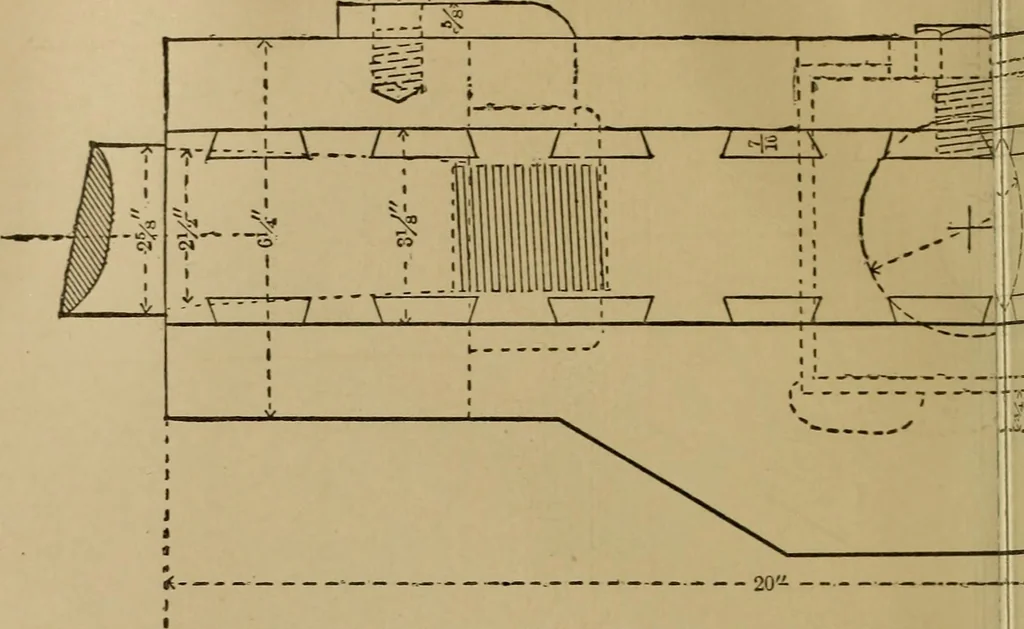 An illustration from Mechanical drawing self-taught: comprising instructions in the selection and preparation of drawing instruments. Elementary instruction in practical mechanical drawing. Together with examples in simple geometry and elementary mechanism, including screw threads, gear wheels, mechanical motions, engines and boilers, 1889, leaf 383