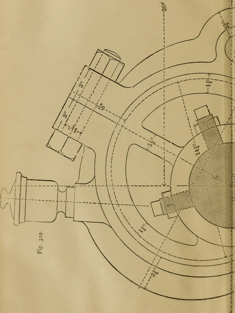 An illustration from Mechanical drawing self-taught: comprising instructions in the selection and preparation of drawing instruments. Elementary instruction in practical mechanical drawing. Together with examples in simple geometry and elementary mechanism, including screw threads, gear wheels, mechanical motions, engines and boilers, 1889, leaf 387