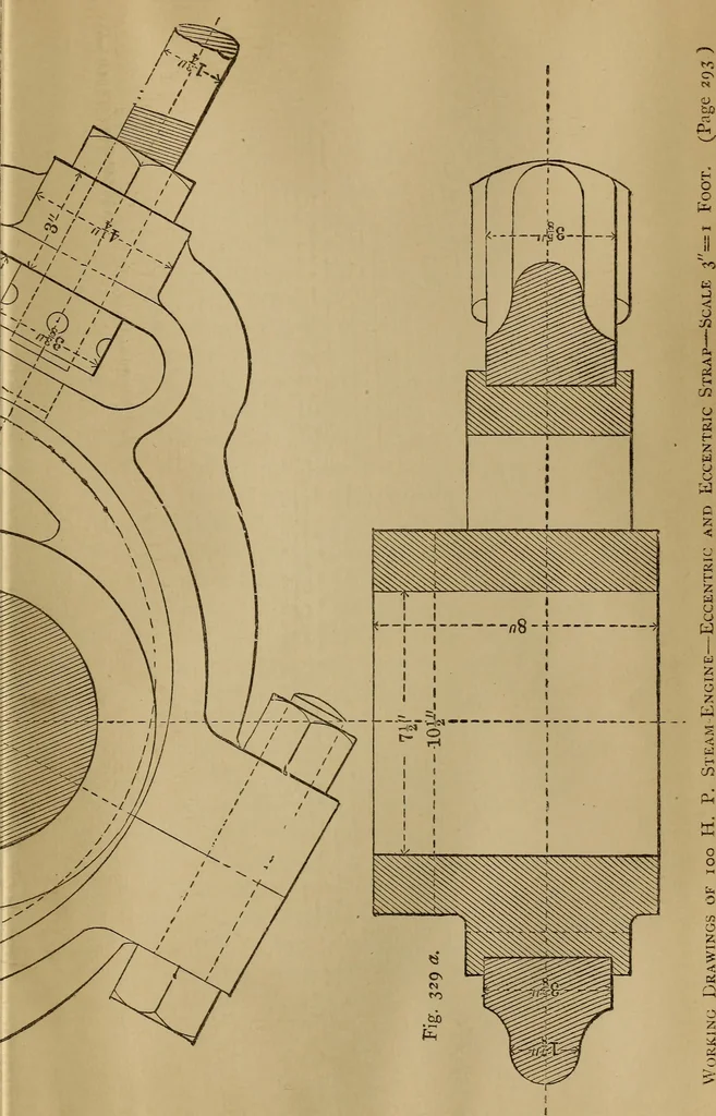 An illustration from Mechanical drawing self-taught: comprising instructions in the selection and preparation of drawing instruments. Elementary instruction in practical mechanical drawing. Together with examples in simple geometry and elementary mechanism, including screw threads, gear wheels, mechanical motions, engines and boilers, 1889, leaf 388