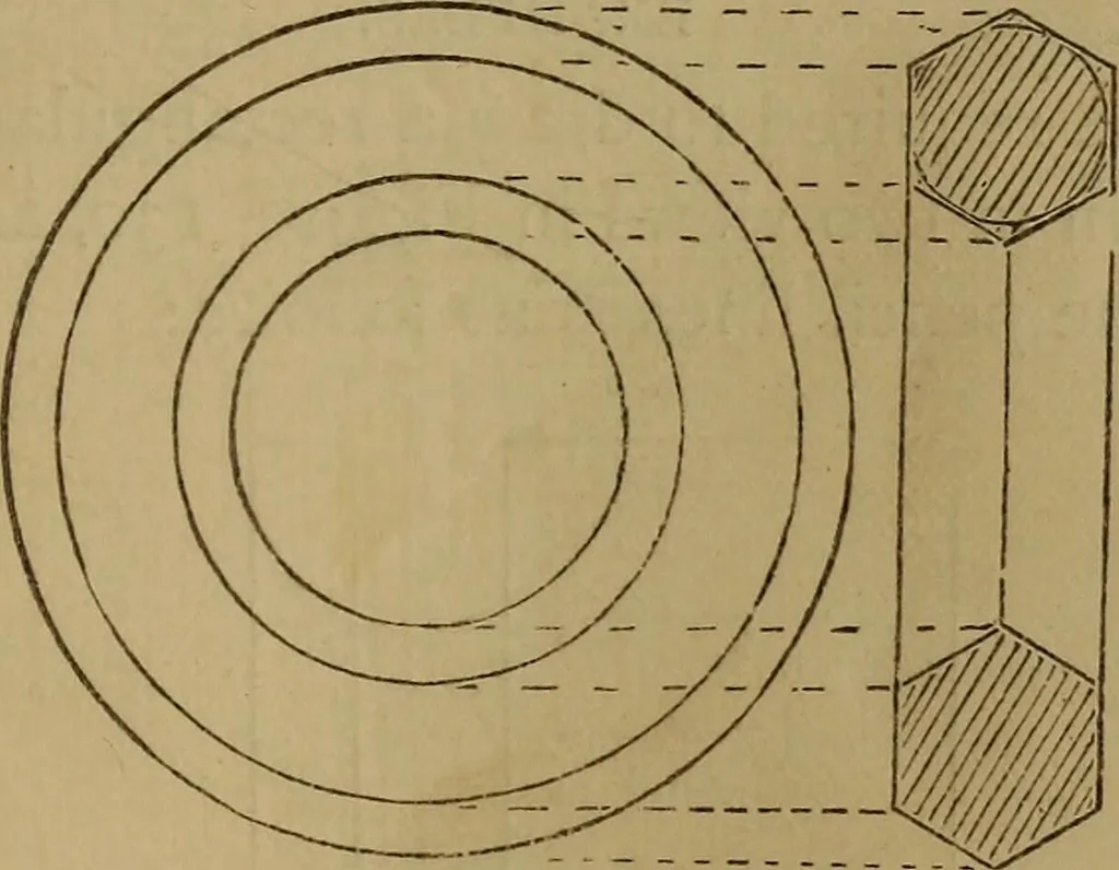 An illustration from Mechanical drawing self-taught: comprising instructions in the selection and preparation of drawing instruments. Elementary instruction in practical mechanical drawing. Together with examples in simple geometry and elementary mechanism, including screw threads, gear wheels, mechanical motions, engines and boilers, 1889, leaf 98