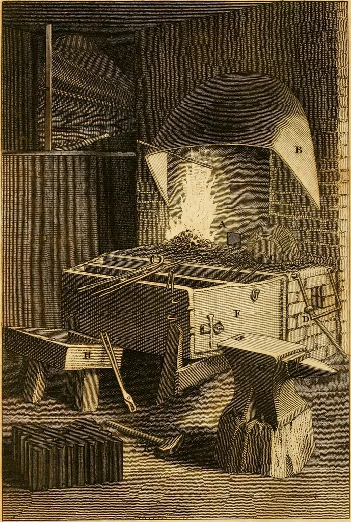 An illustration from Mechanical exercises, or, The elements and practice of carpentry, joinery, bricklaying, masonry, slating, plastering, painting, smithing, and turning, 1812, leaf 443