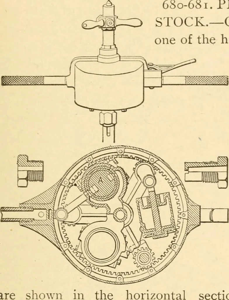 An illustration from Mechanical movements, powers and devices; a treatise describing mechanical movements and devices used in constructive and operative machinery and the mechanical arts, being practically a mechanical dictionary, commencing with a rudimentary description of the early known mechanical powers and detailing the various motions, appliances and inventions used in the mechanical arts to the present time, including a chapter on straight line movements, by Gardner D. Hiscox, 1914, leaf 194