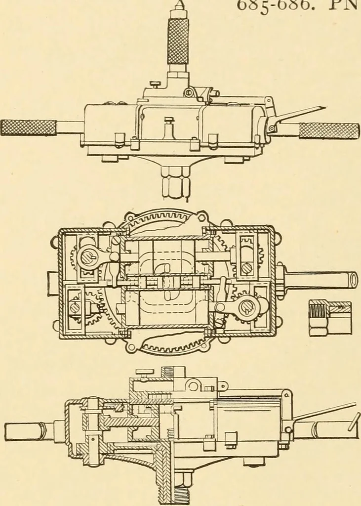 An illustration from Mechanical movements, powers and devices; a treatise describing mechanical movements and devices used in constructive and operative machinery and the mechanical arts, being practically a mechanical dictionary, commencing with a rudimentary description of the early known mechanical powers and detailing the various motions, appliances and inventions used in the mechanical arts to the present time, including a chapter on straight line movements, by Gardner D. Hiscox, 1914, leaf 195