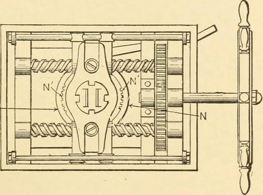 An illustration from Mechanical movements, powers and devices; a treatise describing mechanical movements and devices used in constructive and operative machinery and the mechanical arts, being practically a mechanical dictionary, commencing with a rudimentary description of the early known mechanical powers and detailing the various motions, appliances and inventions used in the mechanical arts to the present time, including a chapter on straight line movements, by Gardner D. Hiscox, 1914, leaf 238
