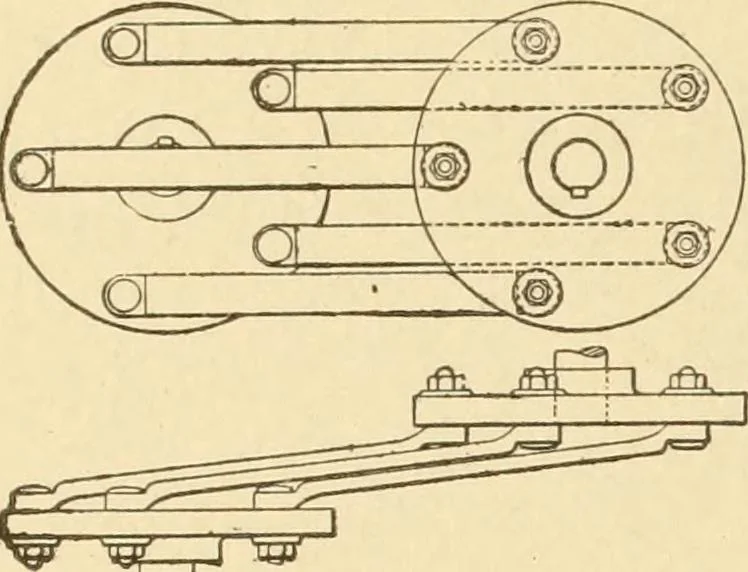 An illustration from Mechanical movements, powers and devices; a treatise describing mechanical movements and devices used in constructive and operative machinery and the mechanical arts, being practically a mechanical dictionary, commencing with a rudimentary description of the early known mechanical powers and detailing the various motions, appliances and inventions used in the mechanical arts to the present time, including a chapter on straight line movements, by Gardner D. Hiscox, 1914, leaf 331