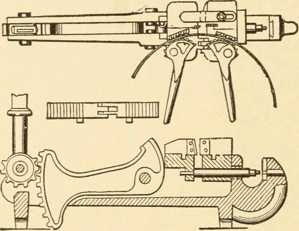 An illustration from Mechanical movements, powers and devices; a treatise describing mechanical movements and devices used in constructive and operative machinery and the mechanical arts, being practically a mechanical dictionary, commencing with a rudimentary description of the early known mechanical powers and detailing the various motions, appliances and inventions used in the mechanical arts to the present time, including a chapter on straight line movements, by Gardner D. Hiscox, 1914, leaf 343