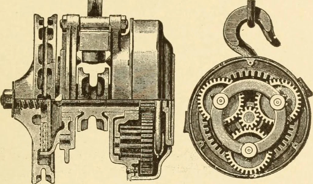 An illustration from Mechanical movements, powers and devices; a treatise describing mechanical movements and devices used in constructive and operative machinery and the mechanical arts, being practically a mechanical dictionary, commencing with a rudimentary description of the early known mechanical powers and detailing the various motions, appliances and inventions used in the mechanical arts to the present time, including a chapter on straight line movements, by Gardner D. Hiscox, 1914, leaf 352