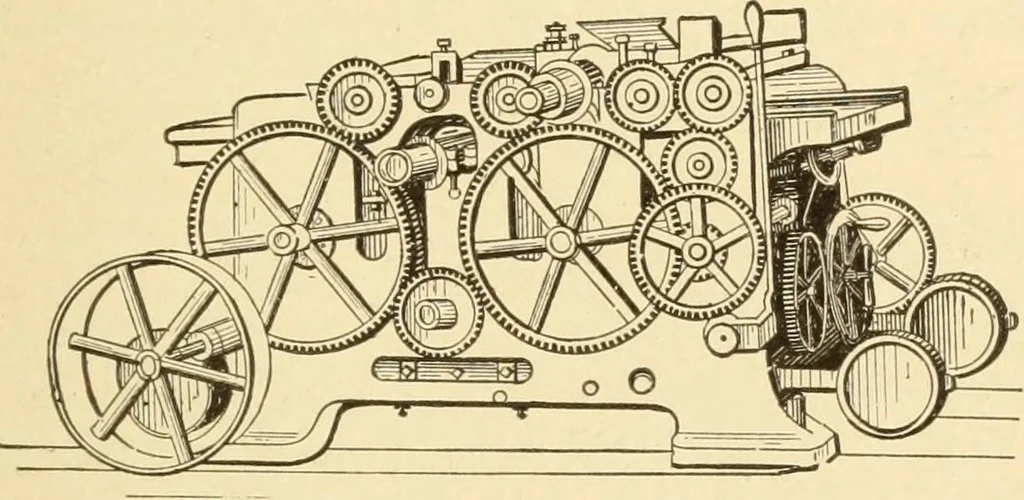 An illustration from Mechanical movements, powers and devices; a treatise describing mechanical movements and devices used in constructive and operative machinery and the mechanical arts, being practically a mechanical dictionary, commencing with a rudimentary description of the early known mechanical powers and detailing the various motions, appliances and inventions used in the mechanical arts to the present time, including a chapter on straight line movements, by Gardner D. Hiscox, 1914, leaf 354