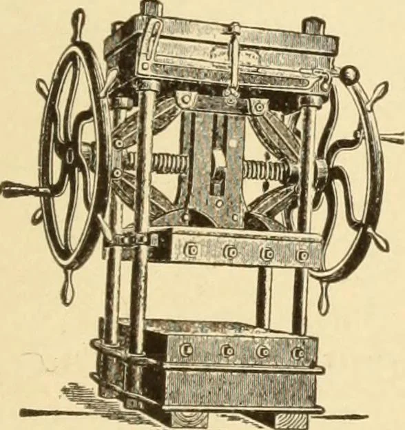 An illustration from Mechanical movements, powers and devices; a treatise describing mechanical movements and devices used in constructive and operative machinery and the mechanical arts, being practically a mechanical dictionary, commencing with a rudimentary description of the early known mechanical powers and detailing the various motions, appliances and inventions used in the mechanical arts to the present time, including a chapter on straight line movements, by Gardner D. Hiscox, 1914, leaf 354
