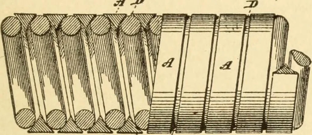 An illustration from Mechanical movements, powers and devices; a treatise describing mechanical movements and devices used in constructive and operative machinery and the mechanical arts, being practically a mechanical dictionary, commencing with a rudimentary description of the early known mechanical powers and detailing the various motions, appliances and inventions used in the mechanical arts to the present time, including a chapter on straight line movements, by Gardner D. Hiscox, 1914, leaf 384
