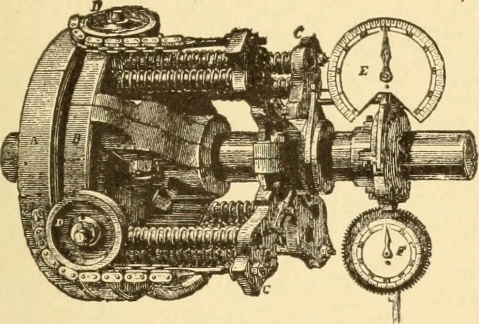 An illustration from Mechanical movements, powers and devices; a treatise describing mechanical movements and devices used in constructive and operative machinery and the mechanical arts, being practically a mechanical dictionary, commencing with a rudimentary description of the early known mechanical powers and detailing the various motions, appliances and inventions used in the mechanical arts to the present time, including a chapter on straight line movements, by Gardner D. Hiscox, 1914, leaf 60