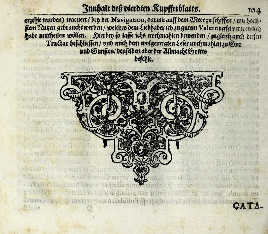 An illustration from Mechanische Reissladen, das ist, Ein gar geschmeidige, bey sich verborgen tragende Laden : die aber solcher Gestalt aussgerüstet worden, dass, vnd wofern in der Eil nicht bessere, oder grössere Instrumenten in Bereitschafft stünden, dannoch alle fünffzehen Recreationen, (als da seynd die Arithmetica, Geometria, Planimetria, Geographia, Astronomia, Navigatio, Prospectiva, Mechanica, Grottenwerck, Wasserlaitungen, Fewrwerck, Büchsenmeisterey, Arichitectura Militaris, Architectura Civilis, Architectura Navalis, warinnen gleichwol gantzer Innhalt der von Gott dem Menschen begnadeten Ingenierkunst bestehet) mit gegenwertigen kleinen Instrumentlin könden exercirt werden vnd man sich also darmit zu delectieren vermögt were, 1644, leaf 138