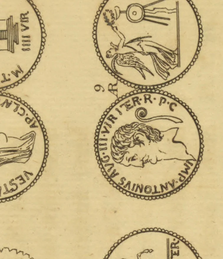 An illustration from The medallic history of imperial Rome : from the first triumvirate, under Pompey, Crassus, and Cæsar, to the removal of the imperial seat, by Constantine the Great ; with the several medals and coins, accurately copied and curiously engraven ; to which is prefixed, an introduction containing a general history of Roman medals ; in two volumes, 1781, leaf 266