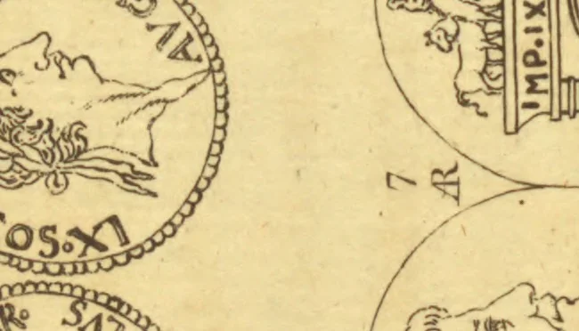 An illustration from The medallic history of imperial Rome : from the first triumvirate, under Pompey, Crassus, and Cæsar, to the removal of the imperial seat, by Constantine the Great ; with the several medals and coins, accurately copied and curiously engraven ; to which is prefixed, an introduction containing a general history of Roman medals ; in two volumes, 1781, leaf 336