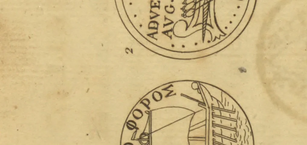 An illustration from The medallic history of imperial Rome : from the first triumvirate, under Pompey, Crassus, and Cæsar, to the removal of the imperial seat, by Constantine the Great ; with the several medals and coins, accurately copied and curiously engraven ; to which is prefixed, an introduction containing a general history of Roman medals ; in two volumes, 1781, leaf 596