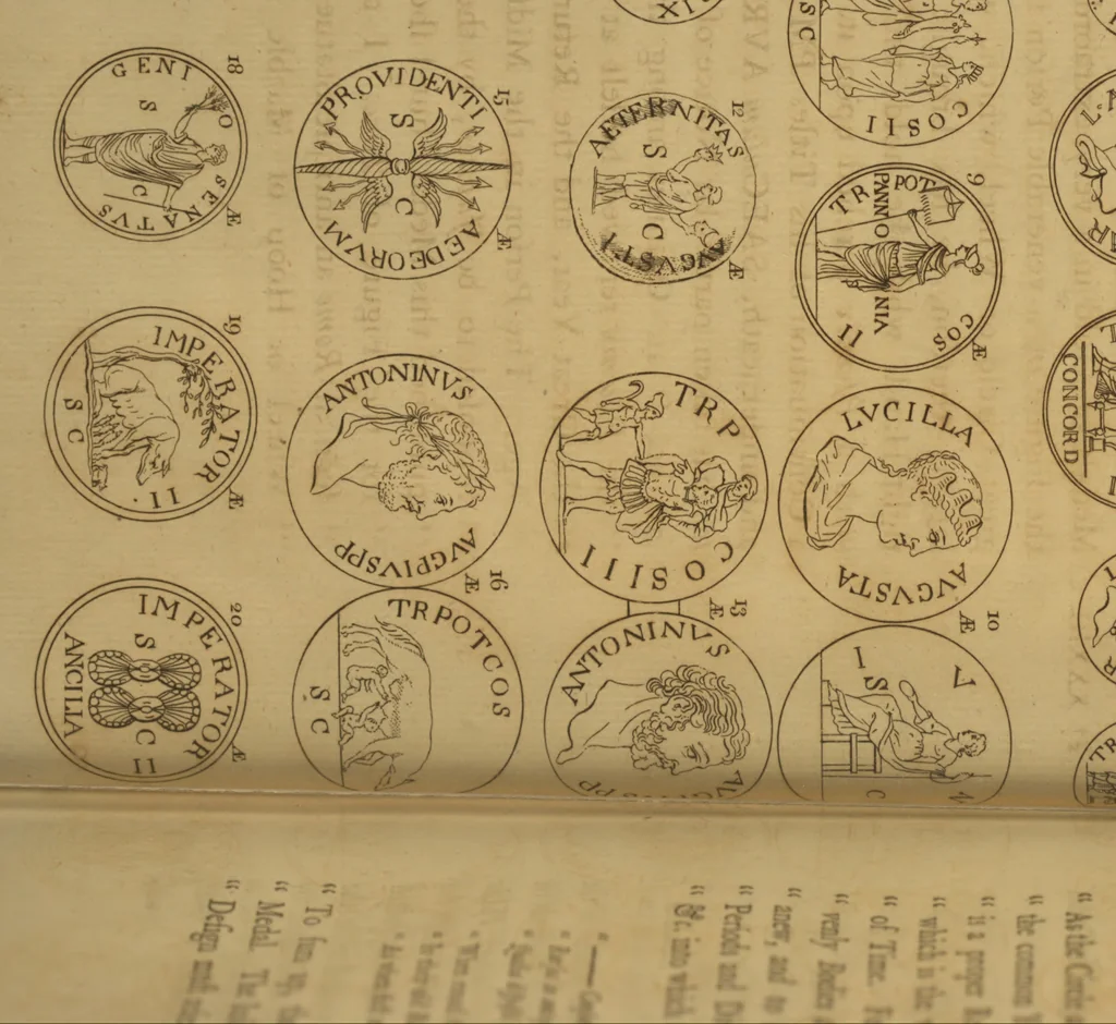 An illustration from The medallic history of imperial Rome : from the first triumvirate, under Pompey, Crassus, and Cæsar, to the removal of the imperial seat, by Constantine the Great ; with the several medals and coins, accurately copied and curiously engraven ; to which is prefixed, an introduction containing a general history of Roman medals ; in two volumes, 1781, leaf 191