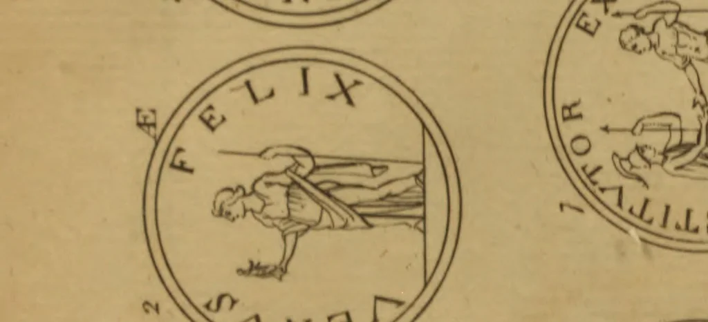 An illustration from The medallic history of imperial Rome : from the first triumvirate, under Pompey, Crassus, and Cæsar, to the removal of the imperial seat, by Constantine the Great ; with the several medals and coins, accurately copied and curiously engraven ; to which is prefixed, an introduction containing a general history of Roman medals ; in two volumes, 1781, leaf 484