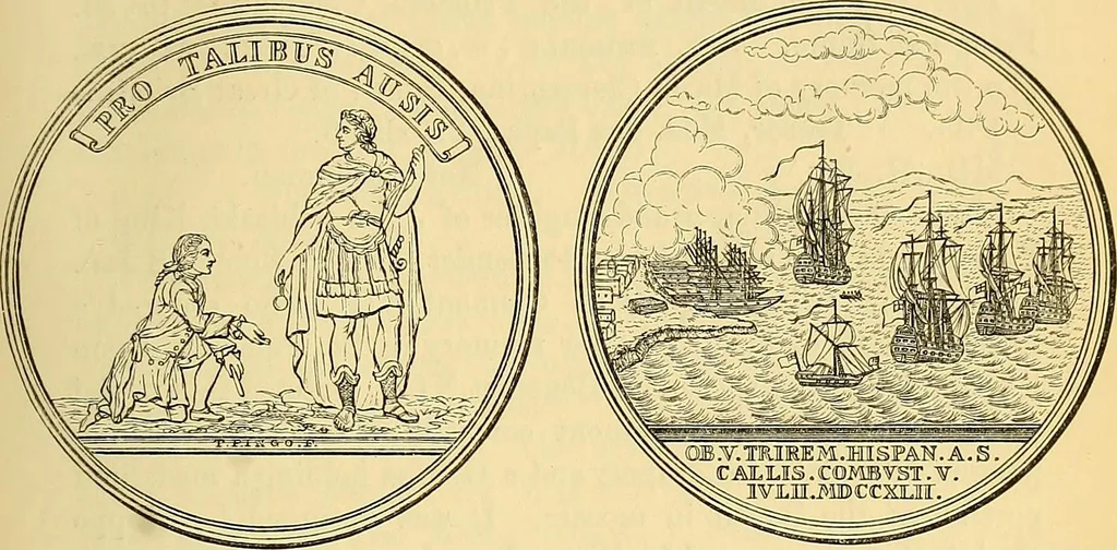 An illustration from Medallic illustrations of the history of Great Britain and Ireland to the death of George II, 1885, leaf 584
