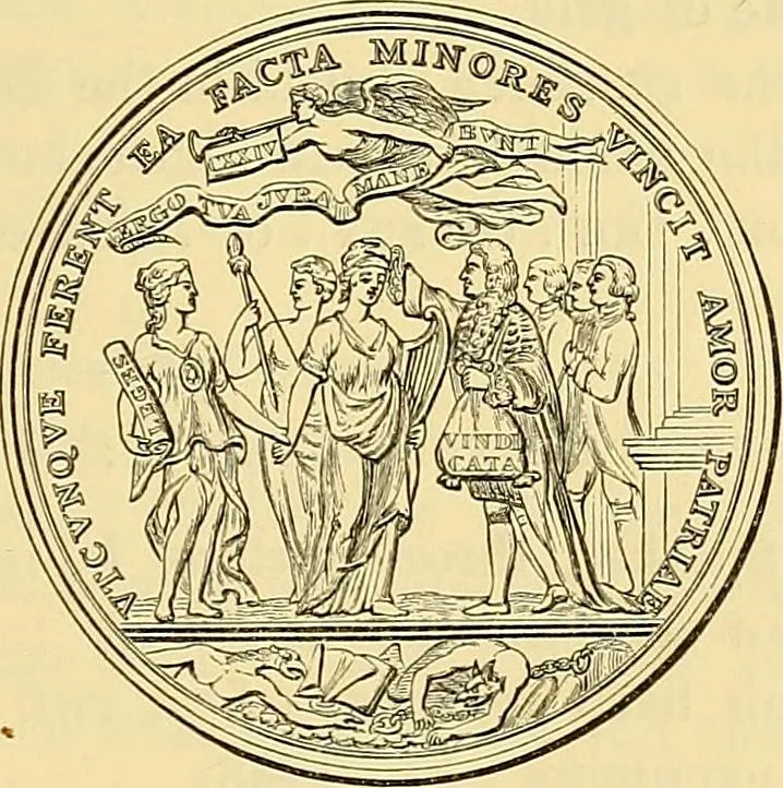 An illustration from Medallic illustrations of the history of Great Britain and Ireland to the death of George II, 1885, leaf 688