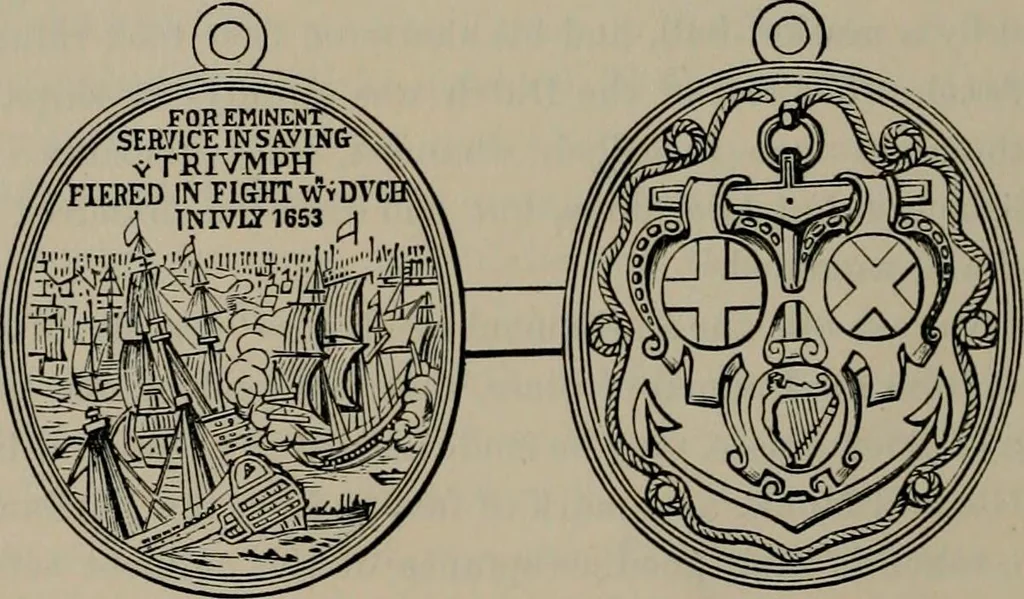 An illustration from Medals of the British navy and how they were won : with a list of those officers, who for their gallant conduct were granted honorary swords and plate by the Committee of the Patriotic Fund, 1895, leaf 31