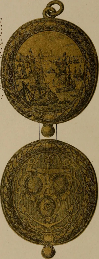 An illustration from Medals of the British navy and how they were won : with a list of those officers, who for their gallant conduct were granted honorary swords and plate by the Committee of the Patriotic Fund, 1895, leaf 5