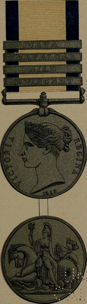 An illustration from Medals of the British navy and how they were won : with a list of those officers, who for their gallant conduct were granted honorary swords and plate by the Committee of the Patriotic Fund, 1895, leaf 92