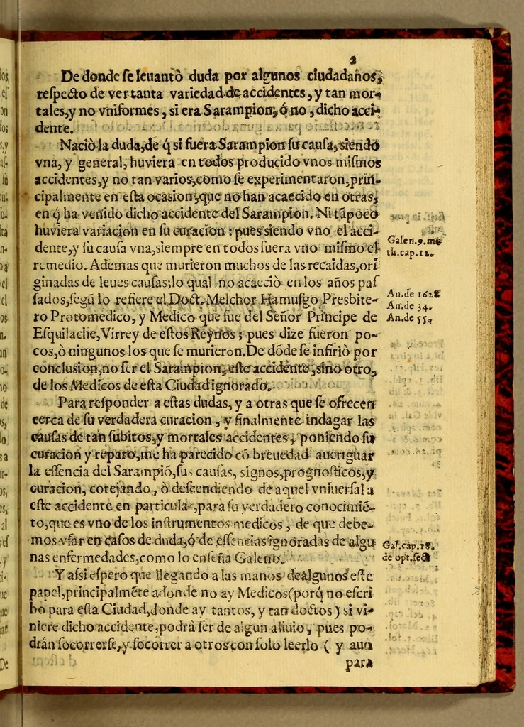 An illustration from Medicos discursos y practica de curar el sarampion, y el fatal morbo, que sobrevino en estado de convalecencia a los q[ue] lo padecieron el año passado de 93. : Y methodo facil de remediar algunas enfermedades, que pueden acaecer en la sierra con con [sic] la explicacion de la essencia, y causas de las verrugas regionales, y patrias, y modo de curarlas. Por su autor el Doct. D. Francisco de Vargas Machuca presbytero, medico de su excelencia ilustrissima, y de el Tribunal de el Santo oficio. Examinador en su facultad, y regente que fue de la cathedra de prima de medicina, y actual cathedratico de el methodo, y arte curatiua de Galeno en esta Real Vniversidad de S. Marcos, y medico de el Real Hospital de San Bartholome &c., 1694, leaf 1